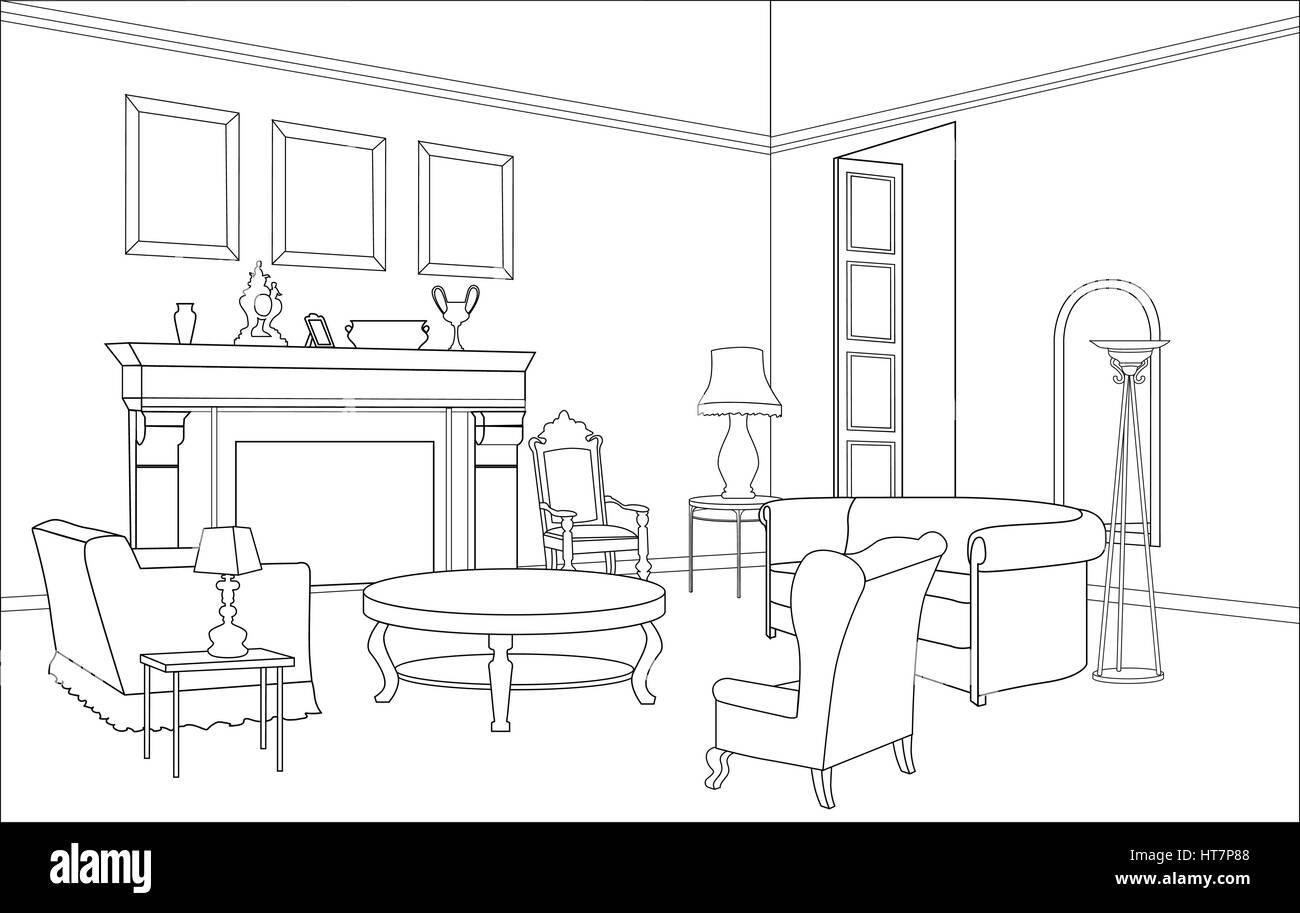 Drawing-room. Editable vector illustration of an outline sketch of a interior. Graphical hand drawing interior. Stock Vector