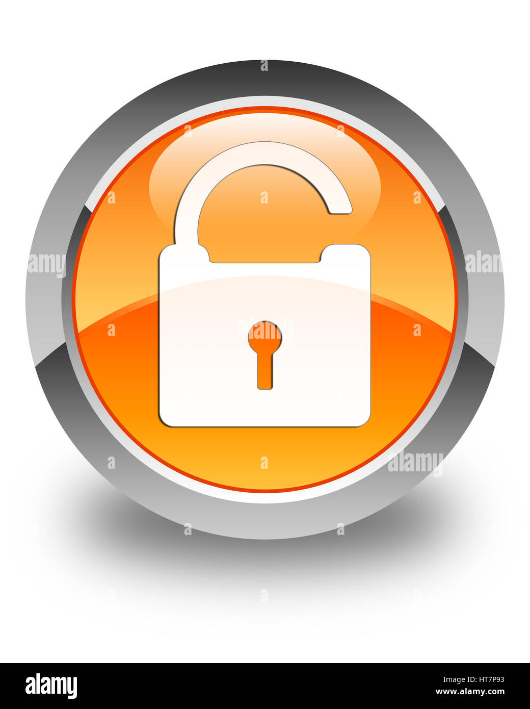 Unlock icon isolated on glossy orange round button abstract illustration Stock Photo