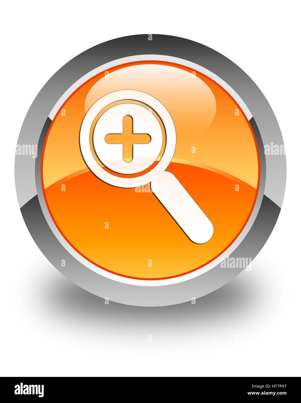 Zoom in icon isolated on glossy orange round button abstract illustration Stock Photo
