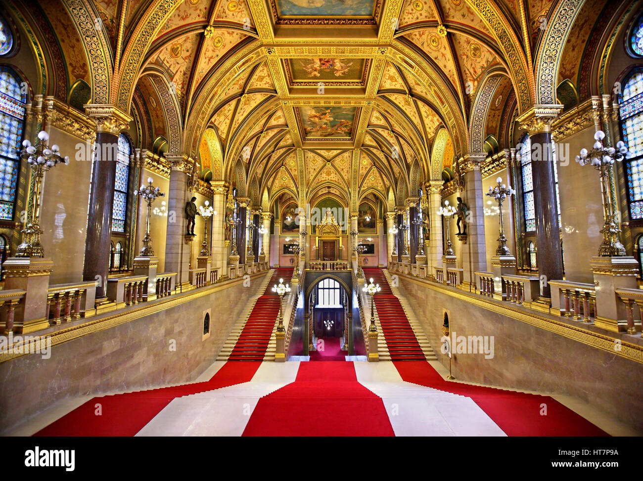 The Grand Staircase of the Hungarian Parliament, Budapest. Stock Photo