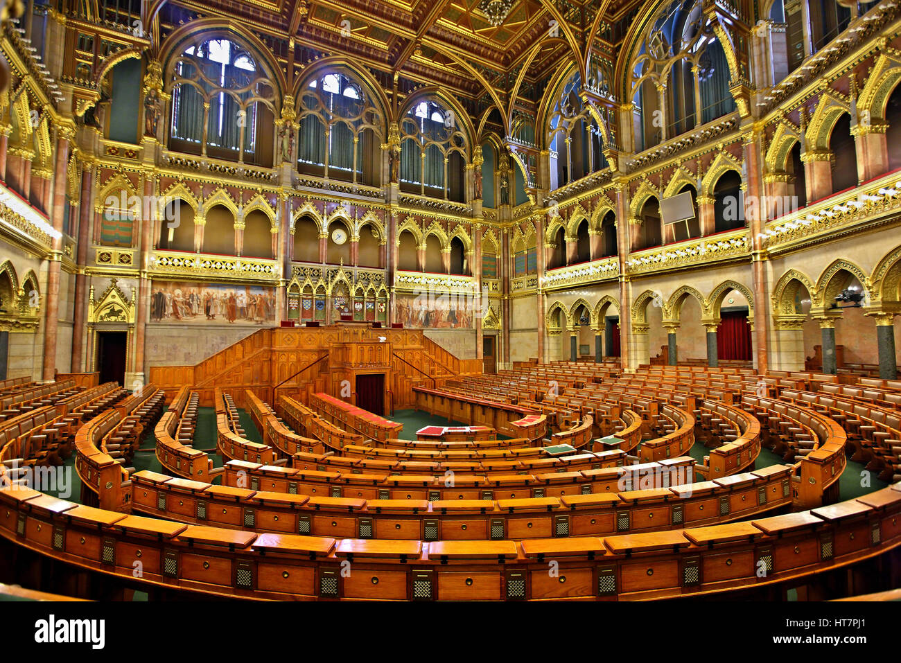 The chamber of the Lower House of the Hungarian Parliament, Budapest. Stock Photo