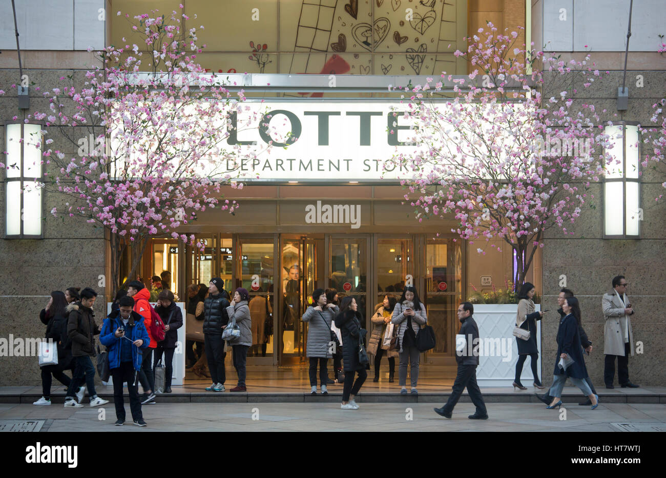 Lotte Department Store, Mar 7, 2017 : Lotte department store is seen in Seoul, South Korea. China ordered last week their travel agencies to stop selling group tours to South Korea after South Korean defence ministry completed a deal with Lotte Group to deploy a Terminal High Altitude Area Defense (THAAD) battery of the U.S. Army on a Lotte golf course, about 260 km southeast of Seoul. The U.S. and South Korea had agreed to station the anti-missile battery with a high-powered radar to counter missile threats from North Korea but China opposed the deployment as they asserted the United States w Stock Photo