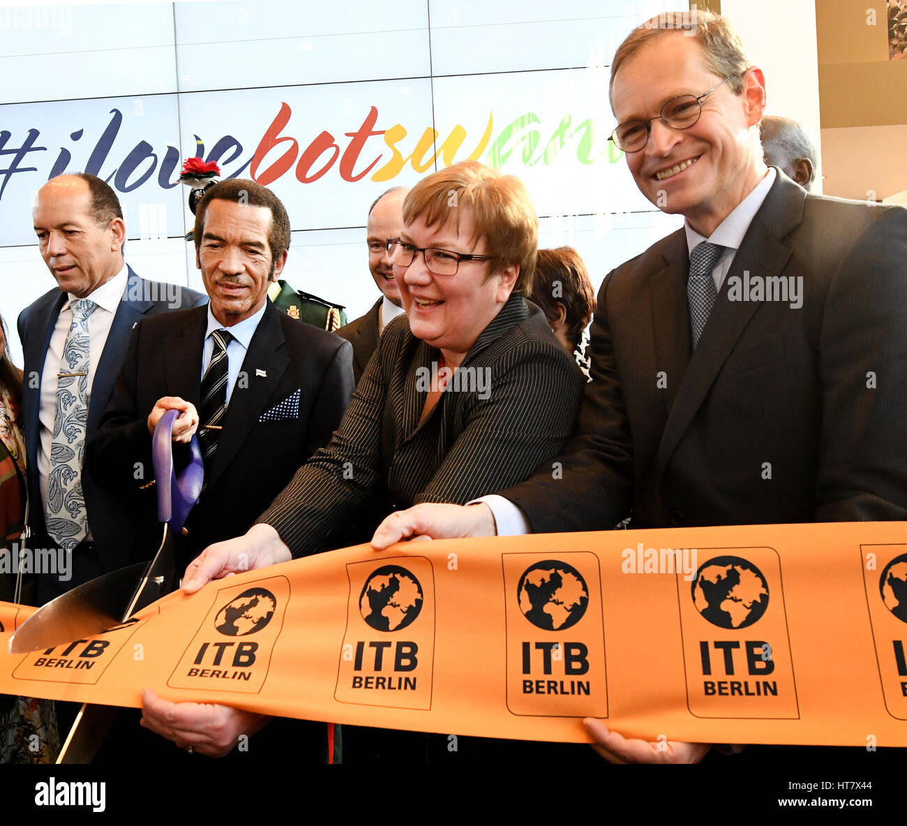 Berlin, Germany. 08th Mar, 2017. The Botswanan president Seretse Khama Ian Khama (2-L), the parliamentary secreatary of state Iris Gleicke and the mayor of Berlin Michael Mueller officially open the International Travel Trade Fair (ITB) in Berlin, Germany, 08 March 2017. The show is open between the 08.03.17 and the 12.03.17. This year's partner country is Botswana. Photo: Rainer Jensen/dpa/Alamy Live News Stock Photo