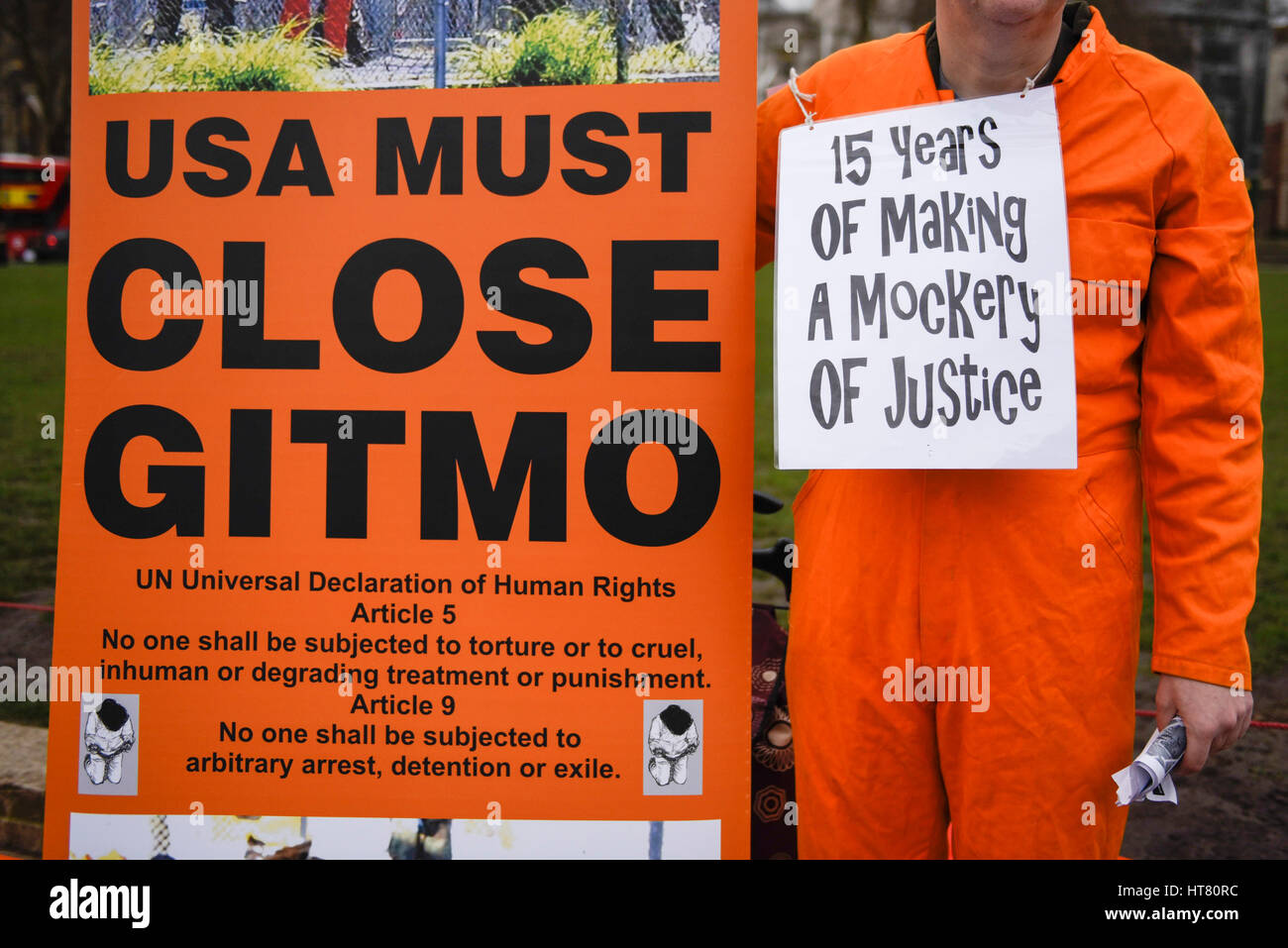 London, UK.  8 March 2017.  Members of Guantanamo Justice Campaign stage a protest in Parliament Square opposite the Houses of Parliament demanding that Donald Trump, President of the United States, close Guantanamo Bay concentration camp and calling on Theresa May, Prime Minister, to seek representations from President Trump that it will be a closure, not a relocation to a mainland US prison.  Credit: Stephen Chung / Alamy Live News Stock Photo