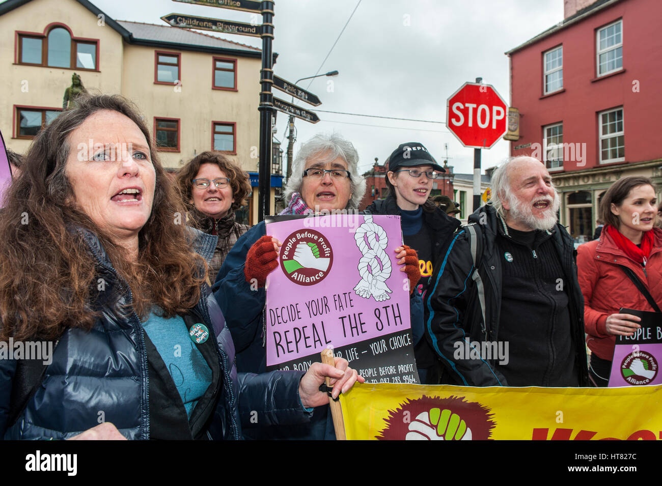 Skibbereen, Ireland. 8th Mar, 2017. To coincide with International Women's Day, a group of activists from the West Cork People Before Profit Alliance gathered in Skibbereen Town Square to protest against The Eigth Amendment.  The Eigth Amendment of the Constitution of Ireland gave explicit recognition to the right of life of an unborn child, essentially banning abortion in Ireland. ©Andy Gibson/Alamy Live News. Stock Photo