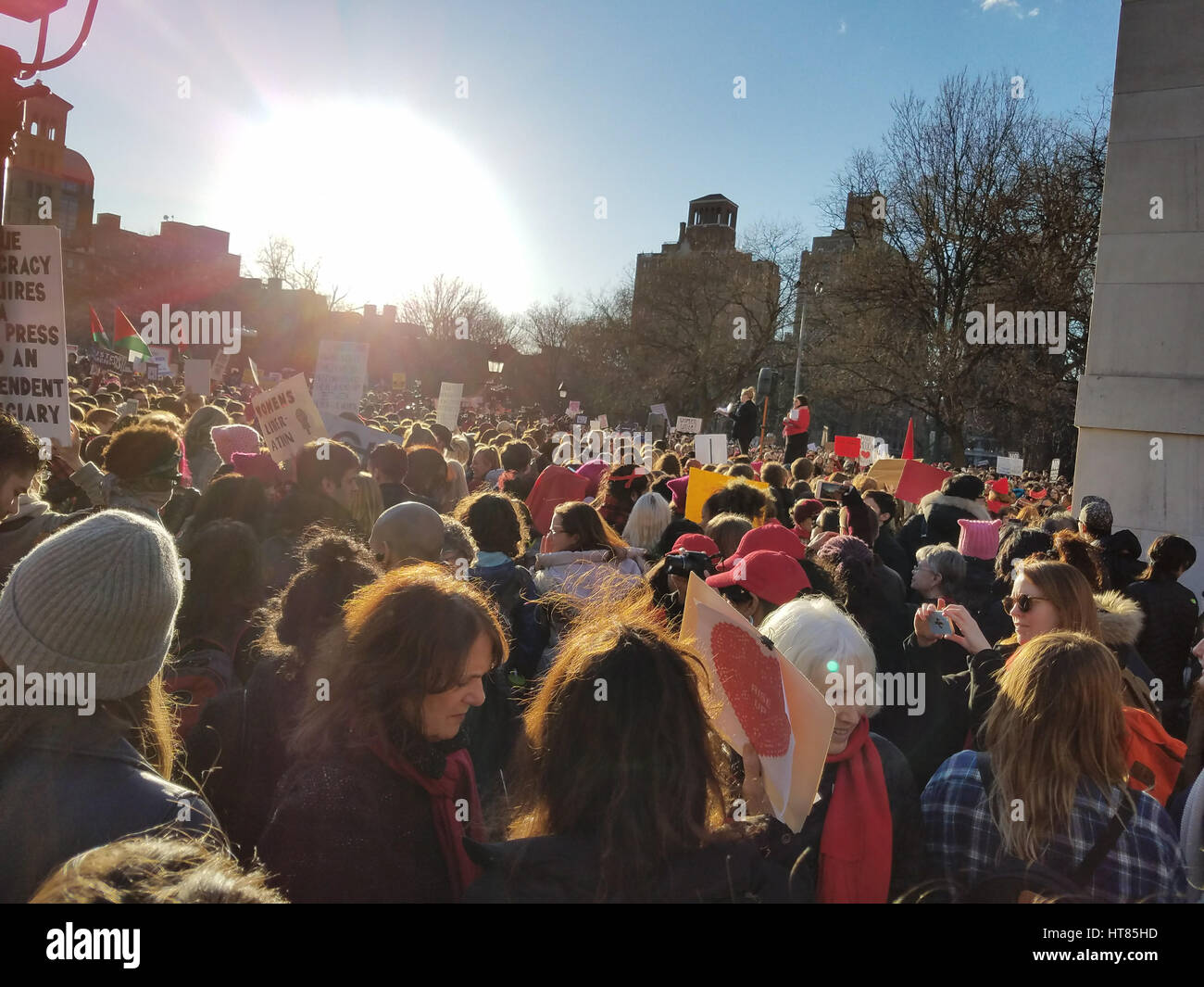 New York City, USA. 8th March, 2017. Protesters gathered in Washington Square Park in lower Manhattan in support of labor campaigns, migrants' rights, sanctuary campus campaigns, and other movements. Credit: Ward Pettibone/Alamy Live News. Stock Photo