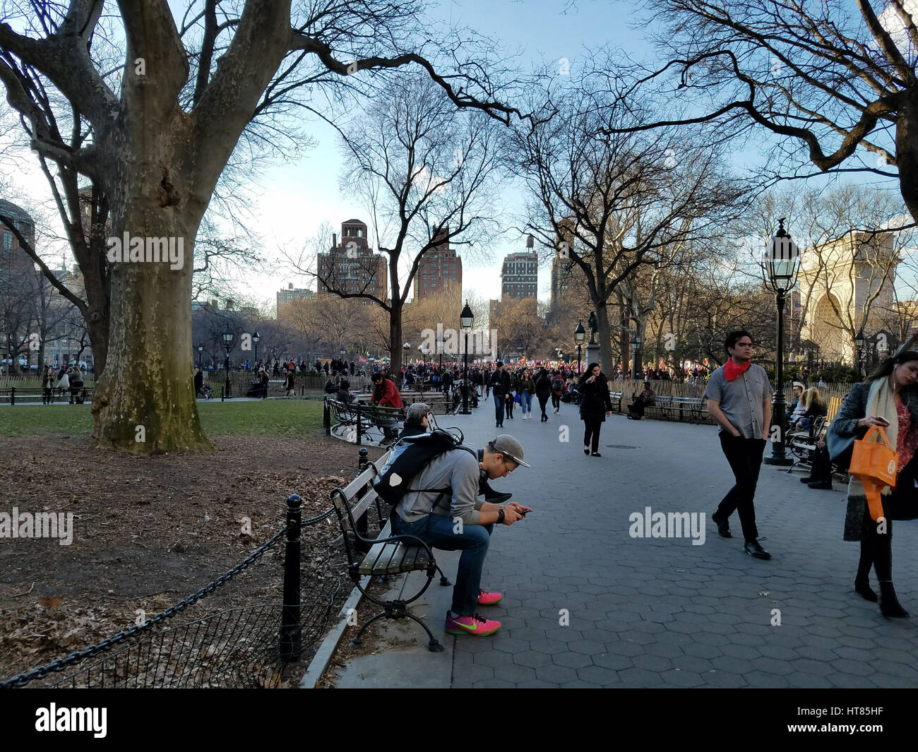 New York City, USA. 8th March, 2017. Protesters gathered in Washington Square Park in lower Manhattan in support of labor campaigns, migrants' rights, sanctuary campus campaigns, and other movements. Credit: Ward Pettibone/Alamy Live News. Stock Photo