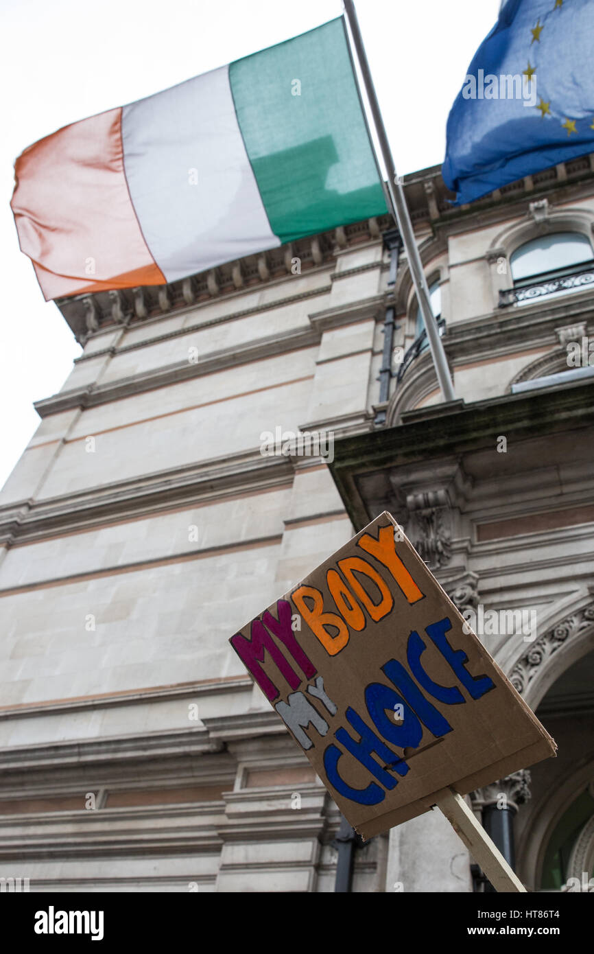 London, UK. 8th Mar, 2017. A sign used by activists from the London-Irish Abortion Rights Campaign protesting outside the Irish embassy on International Women's Day to demand that the Irish government call a referendum to repeal the 8th Amendment by the 8th of March, failing which a strike will be called, and in solidarity with the 11 women per day who travel from Ireland to Britain for abortions. Credit: Mark Kerrison/Alamy Live News Stock Photo