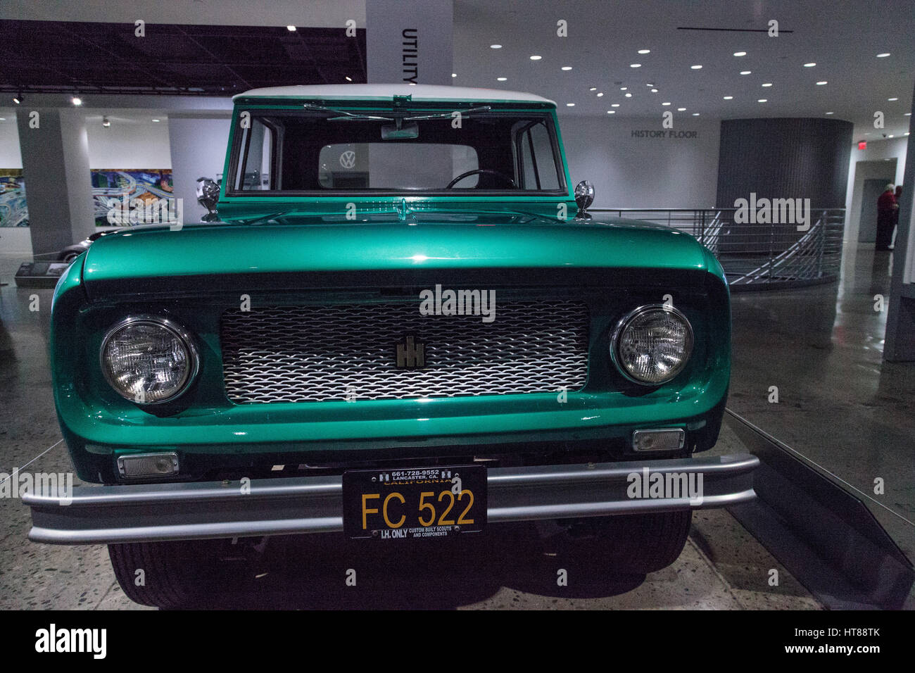 Los Angeles, CA, USA — March 4, 2017: Green 1961 International Scout 80 truck by Harvester at the Petersen Automotive Museum in Los Angeles, Californi Stock Photo
