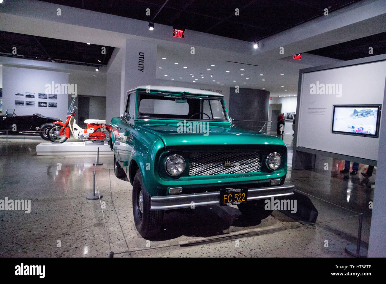 Los Angeles, CA, USA — March 4, 2017: Green 1961 International Scout 80 truck by Harvester at the Petersen Automotive Museum in Los Angeles, Californi Stock Photo
