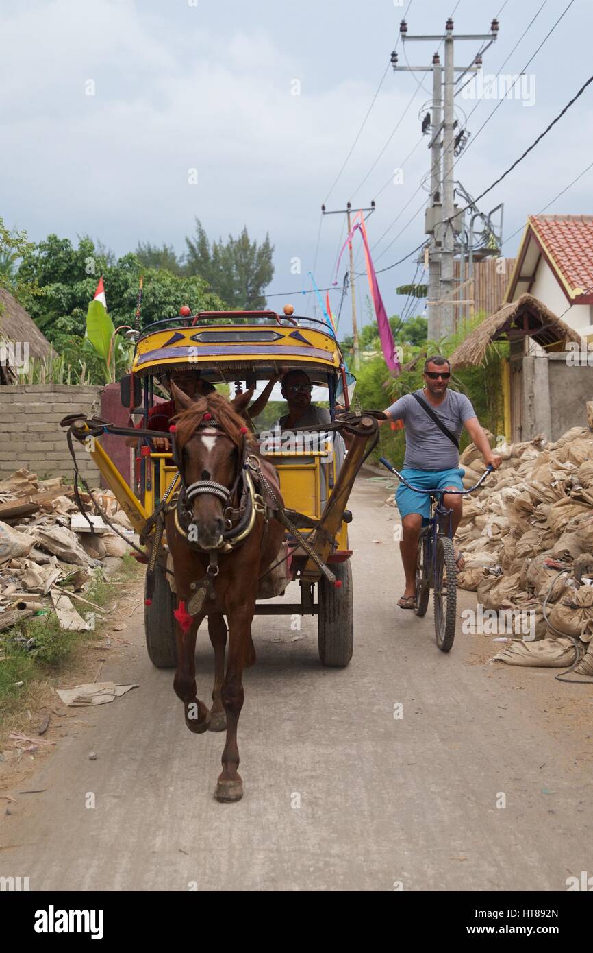 Traditional cidomo horse drawn cart on Gili Island, Indonesia Stock Photo