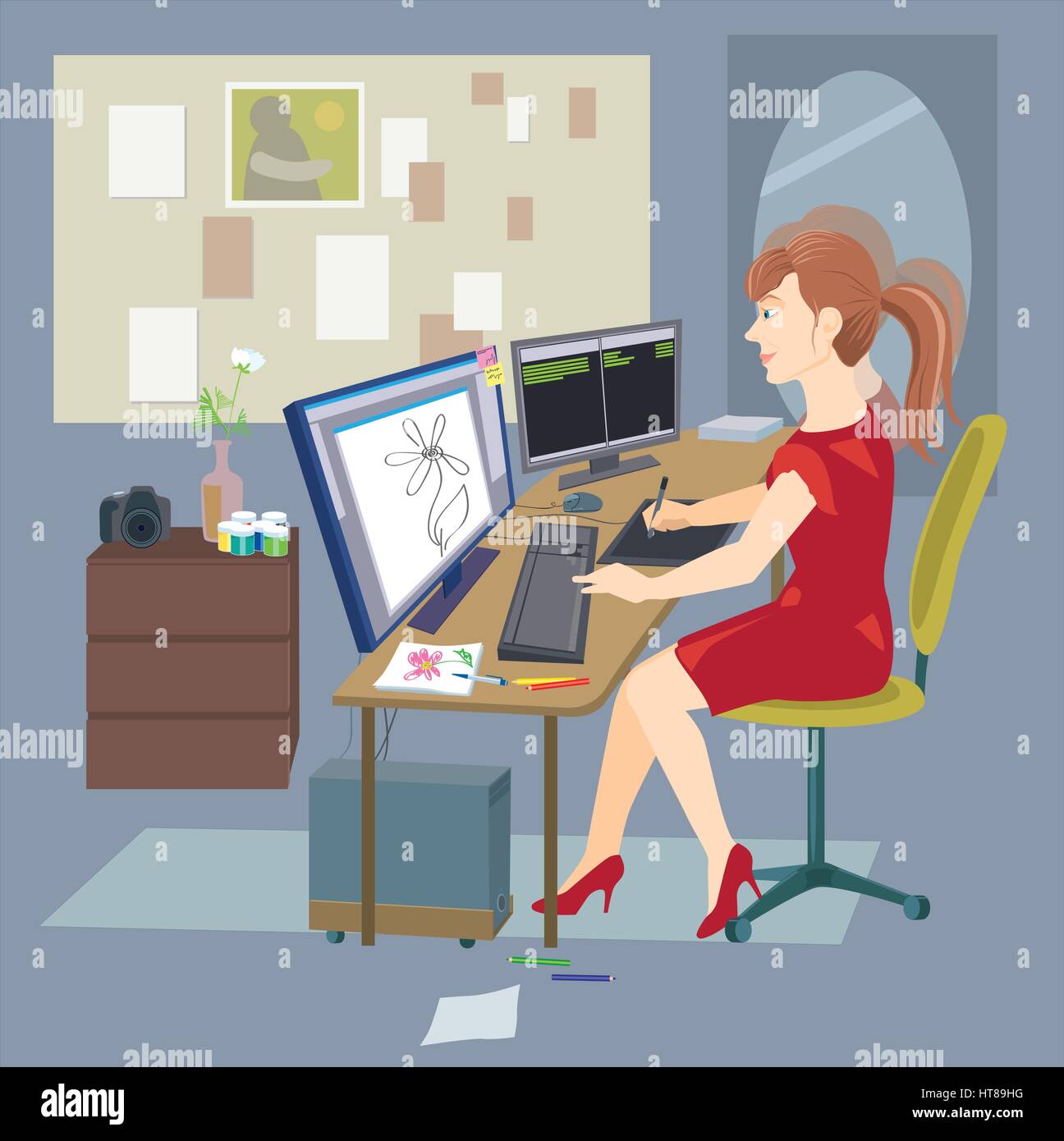Designer girl sitting at the computer and drawing on a graphic tablet Stock Vector