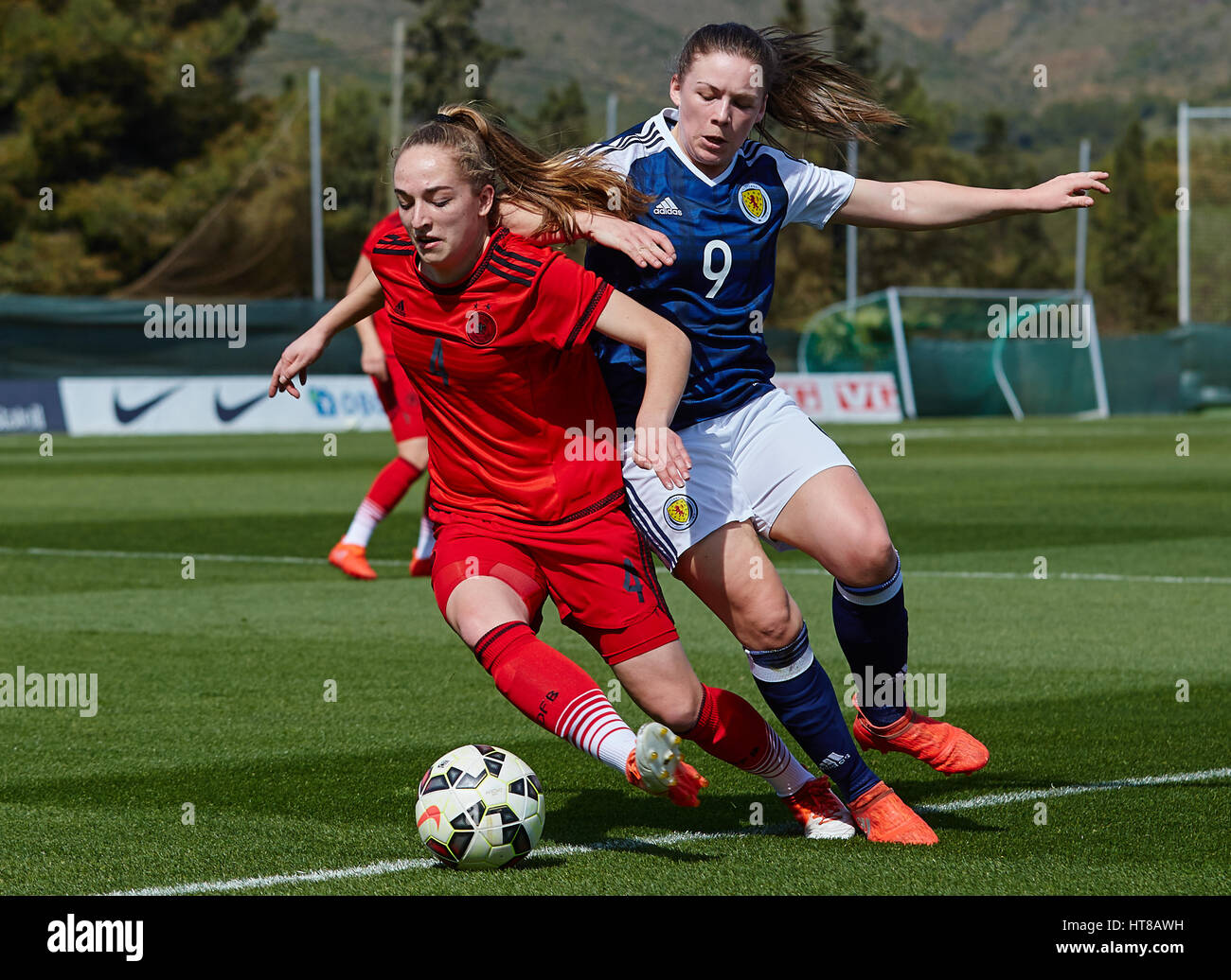 Sophia Kleinherne of Germany L and Kirsty Hanson of Scotland R competes for the ball during the international friendly match U19 between Germany Women vs Scotland Women at La Manga Club on March 07, 2017 at la Manga Club, Spain. (Photo bySergio Lopez/Pacific Press) Stock Photo