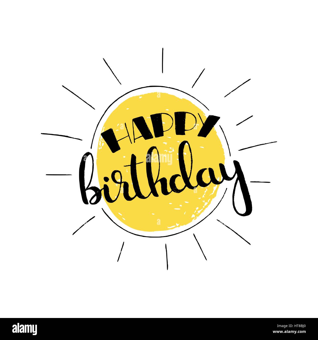 Happy Birthday handwritten lettering. Modern vector hand drawn calligraphy with sun isolated on white background for your design Stock Vector