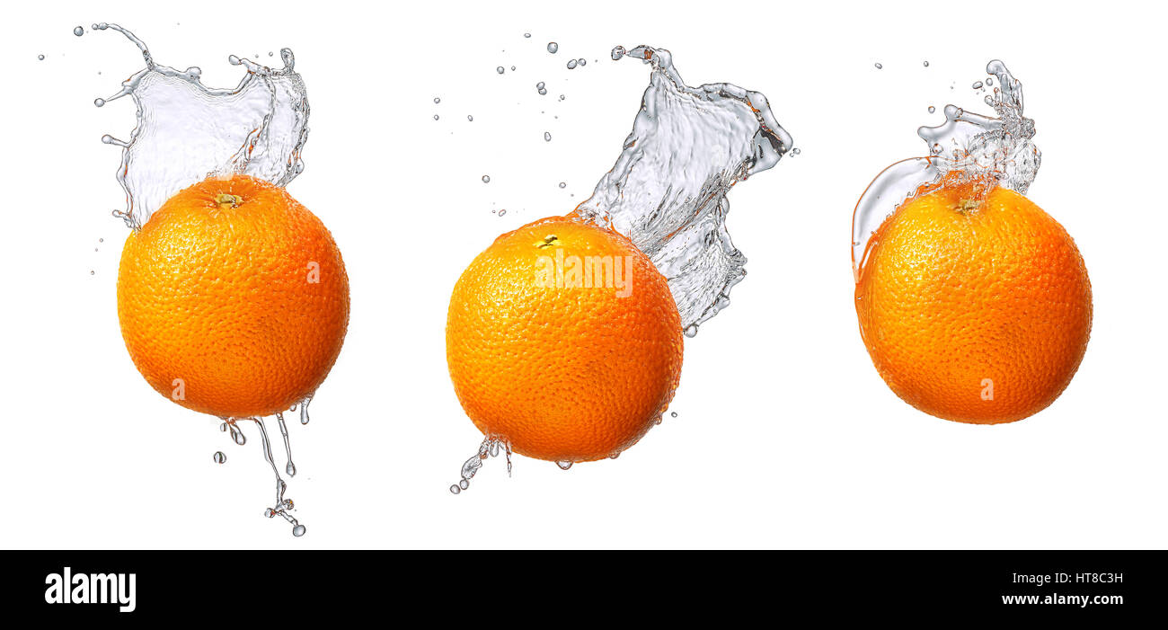 Water splash and fruits isolated on white backgroud. Fresh orange Stock ...