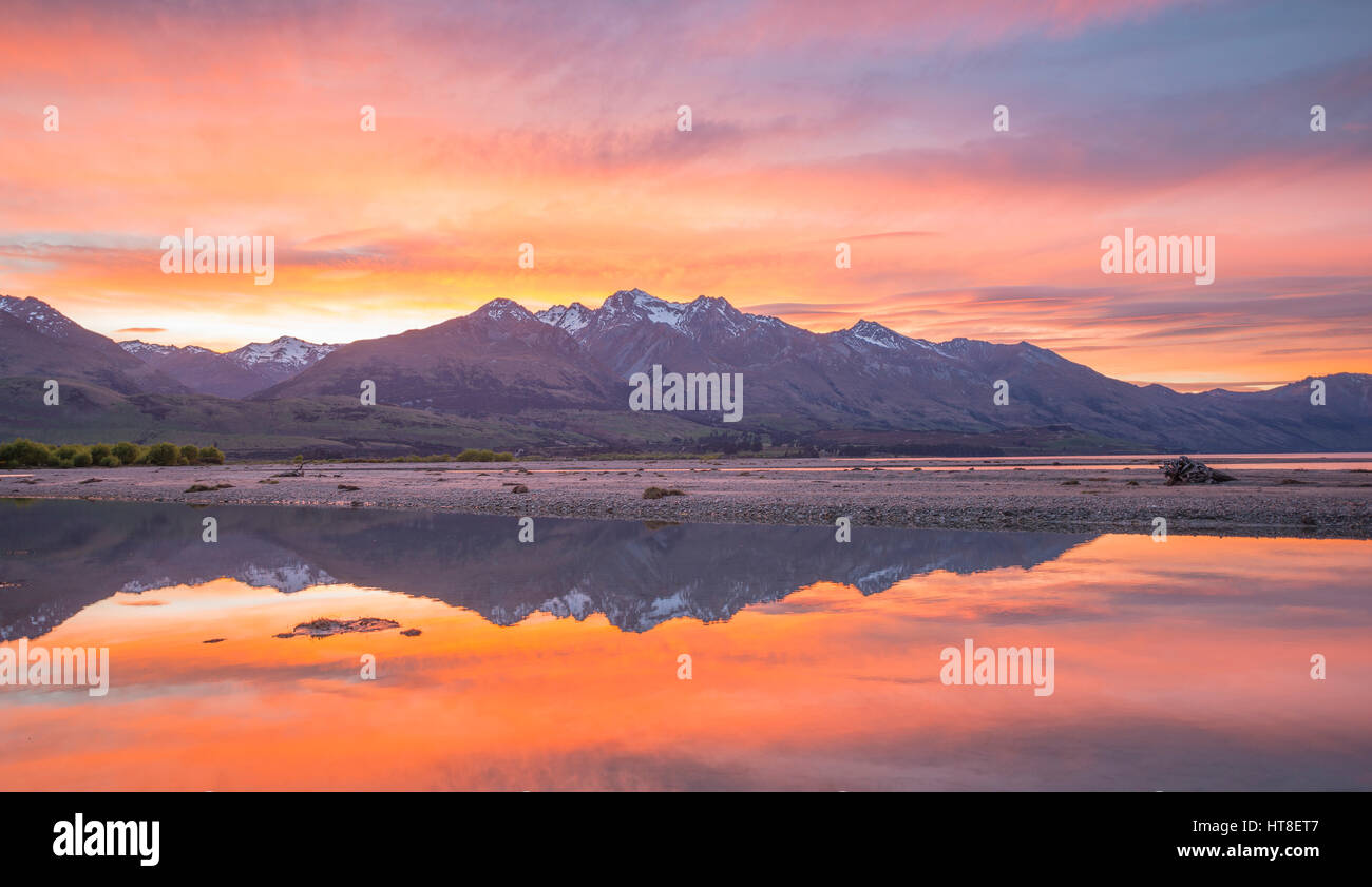 Mountains with lake Wakatipu at sunrise, Glenorchy near Queenstown, Otago, Southland, New Zealand Stock Photo