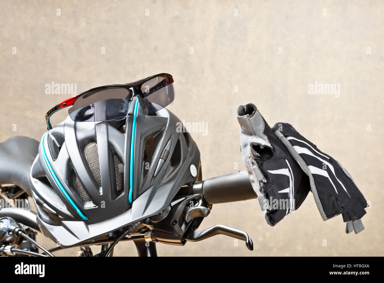 Detail Of Handlebars With Sunglasses And Safety Helmet Stock Photo Alamy