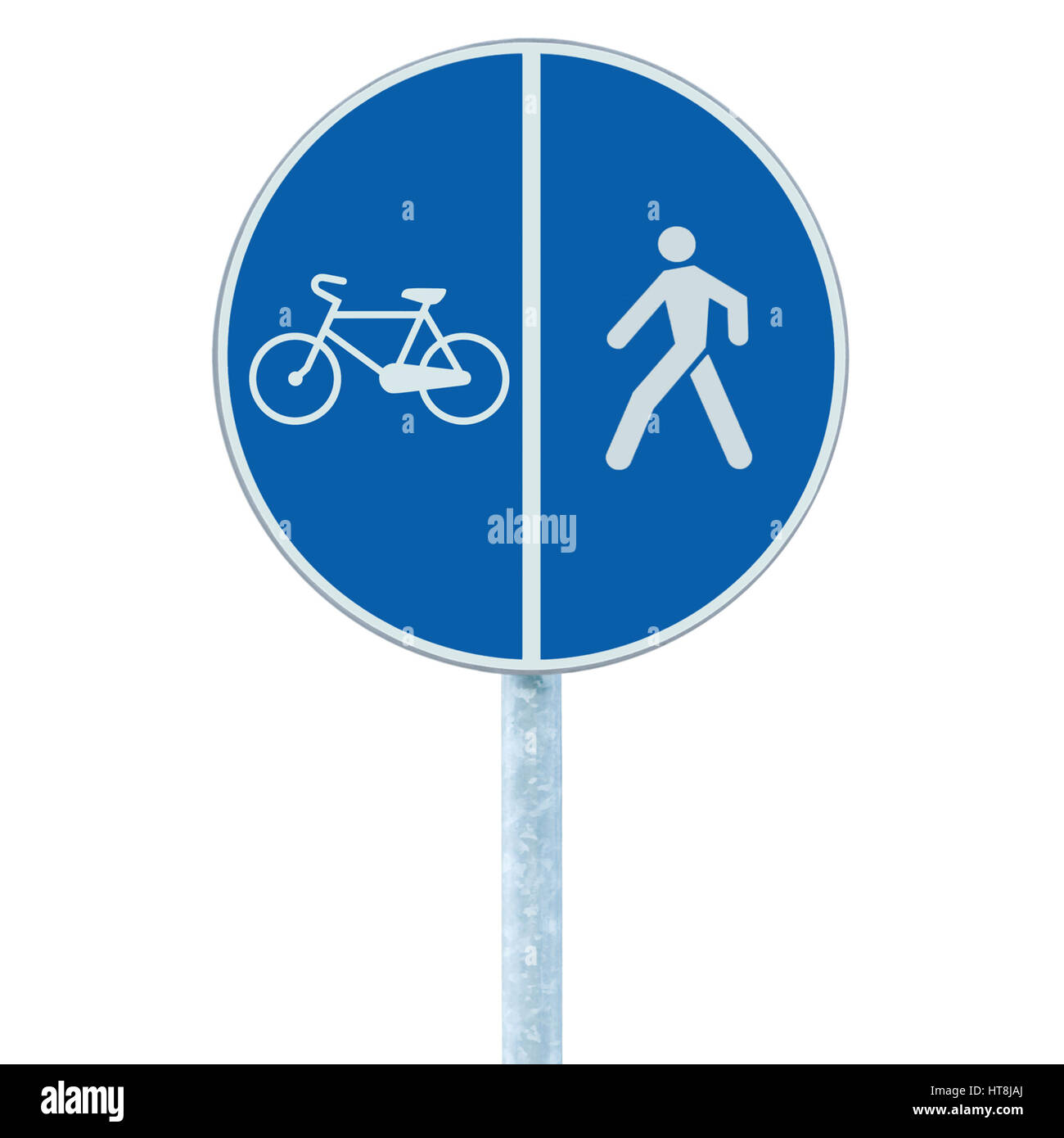 Bicycle and pedestrian lane road sign on pole post, large blue round