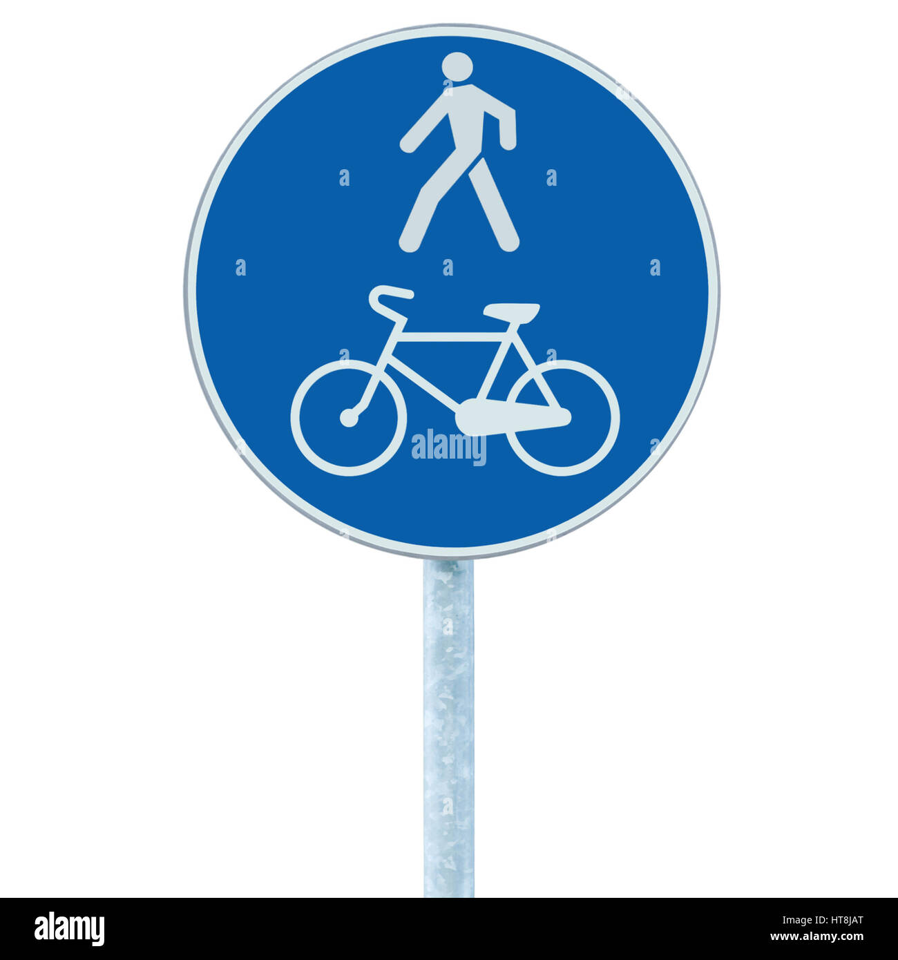 Bicycle and pedestrian lane road sign on pole post, large blue round