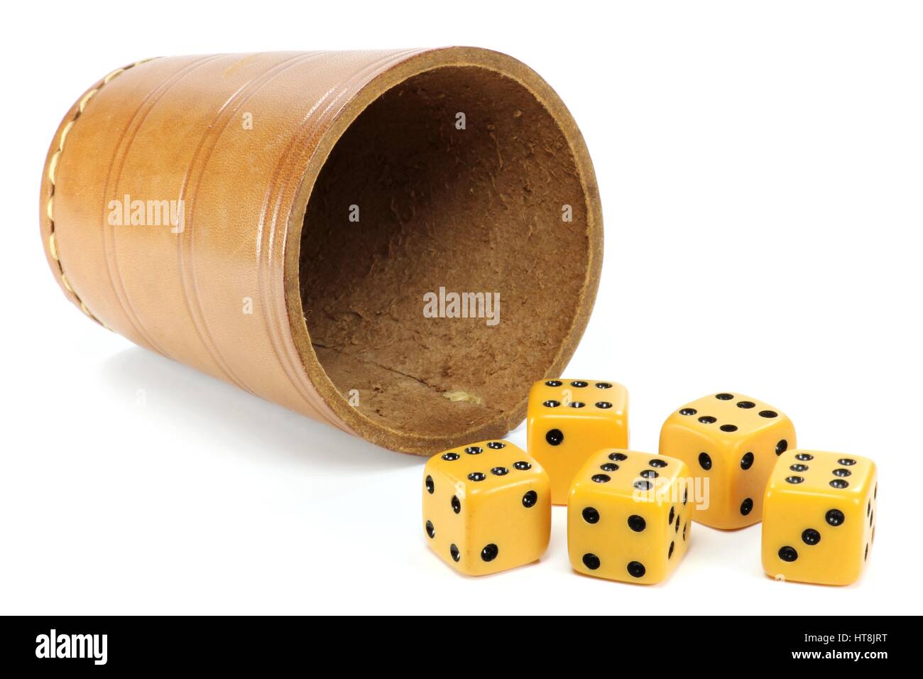 dice cup with five dices on white background Stock Photo