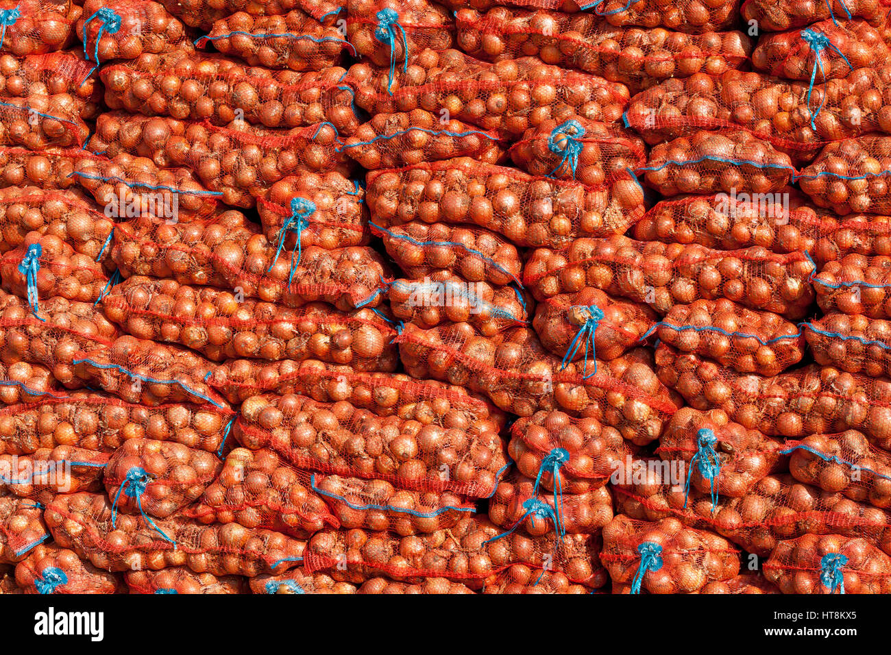 stack of onion bag. onion stacked for sale. Fresh onion in a market