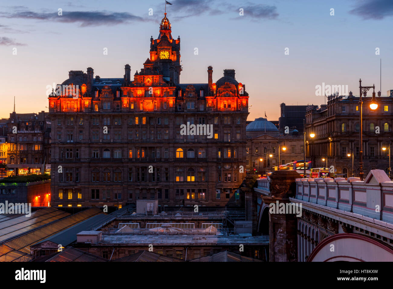The Balmoral hotel from North Bridge Edinburgh at Sunset on a summer night Stock Photo