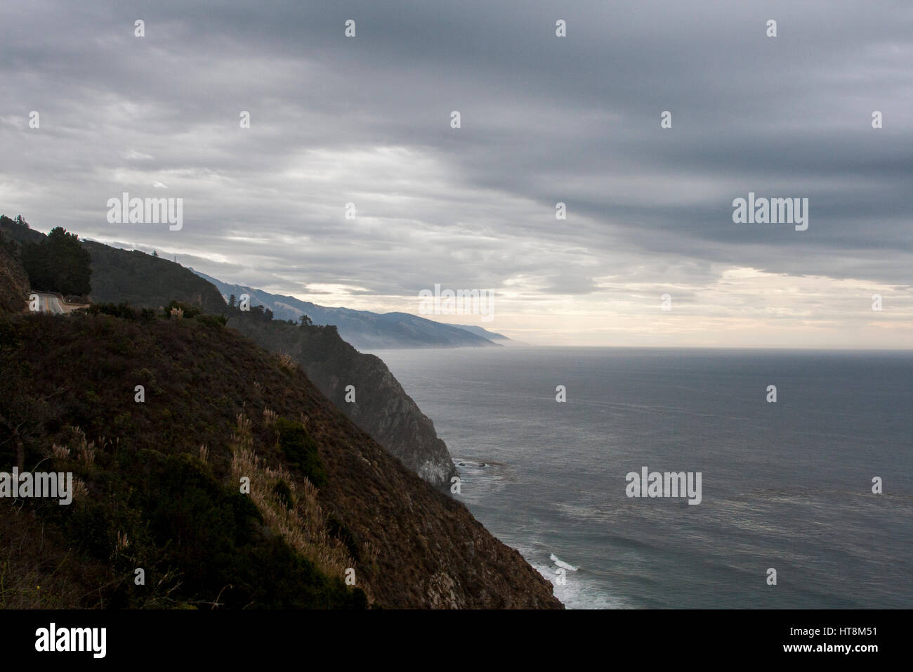 Storm coming in off of the Pacific, looking south on Highway 1 in Big Sur, California. Stock Photo