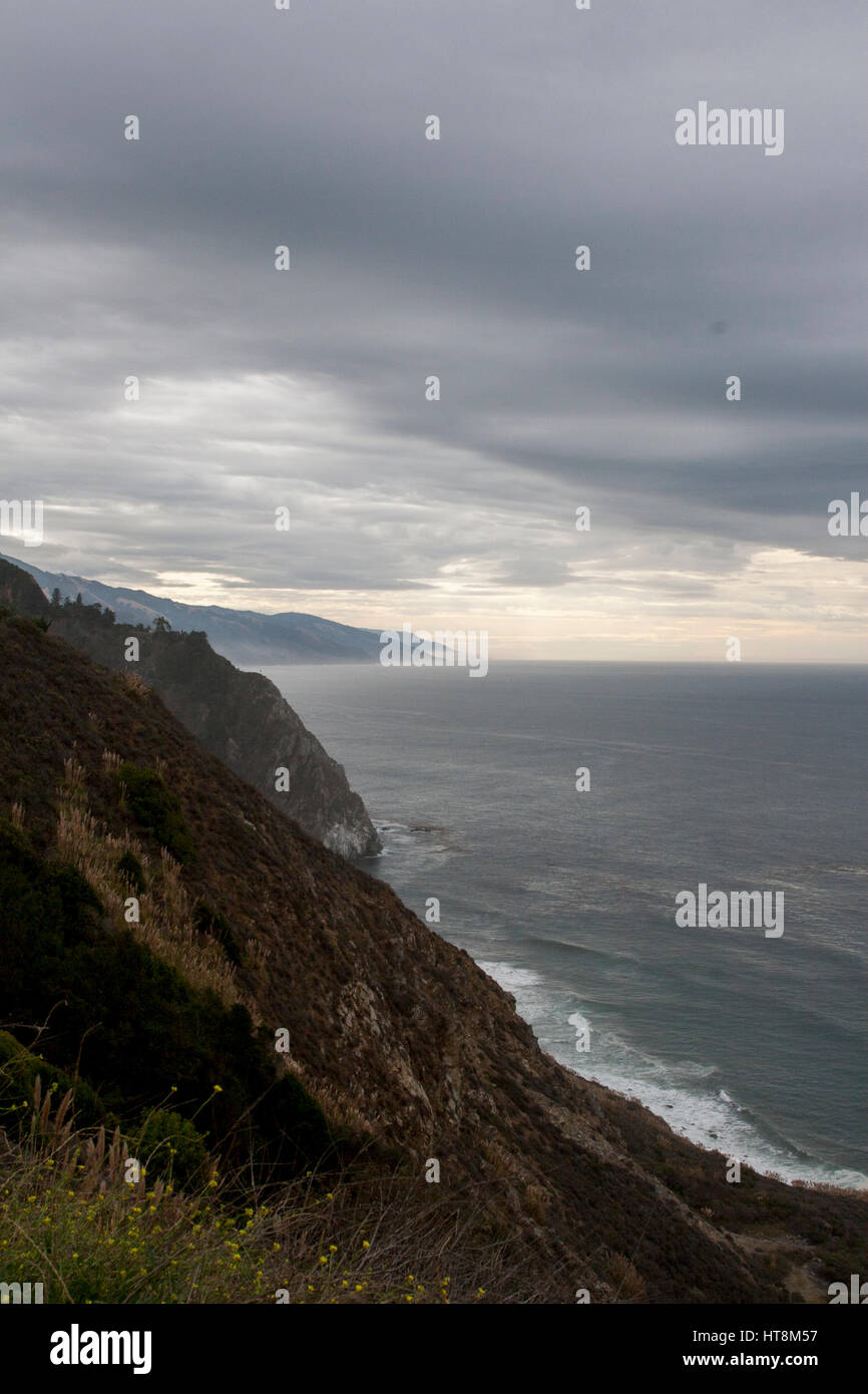 Storm coming in off of the Pacific, looking south on Highway 1 in Big Sur, California. Stock Photo