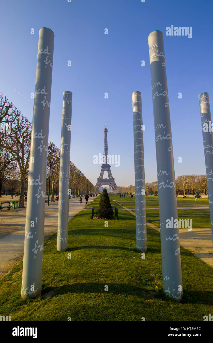 The Holocaust memorial near the Eifel Tower Paris france. also known as Peace wall Le Mur pour le Paix Champs de Mars Stock Photo