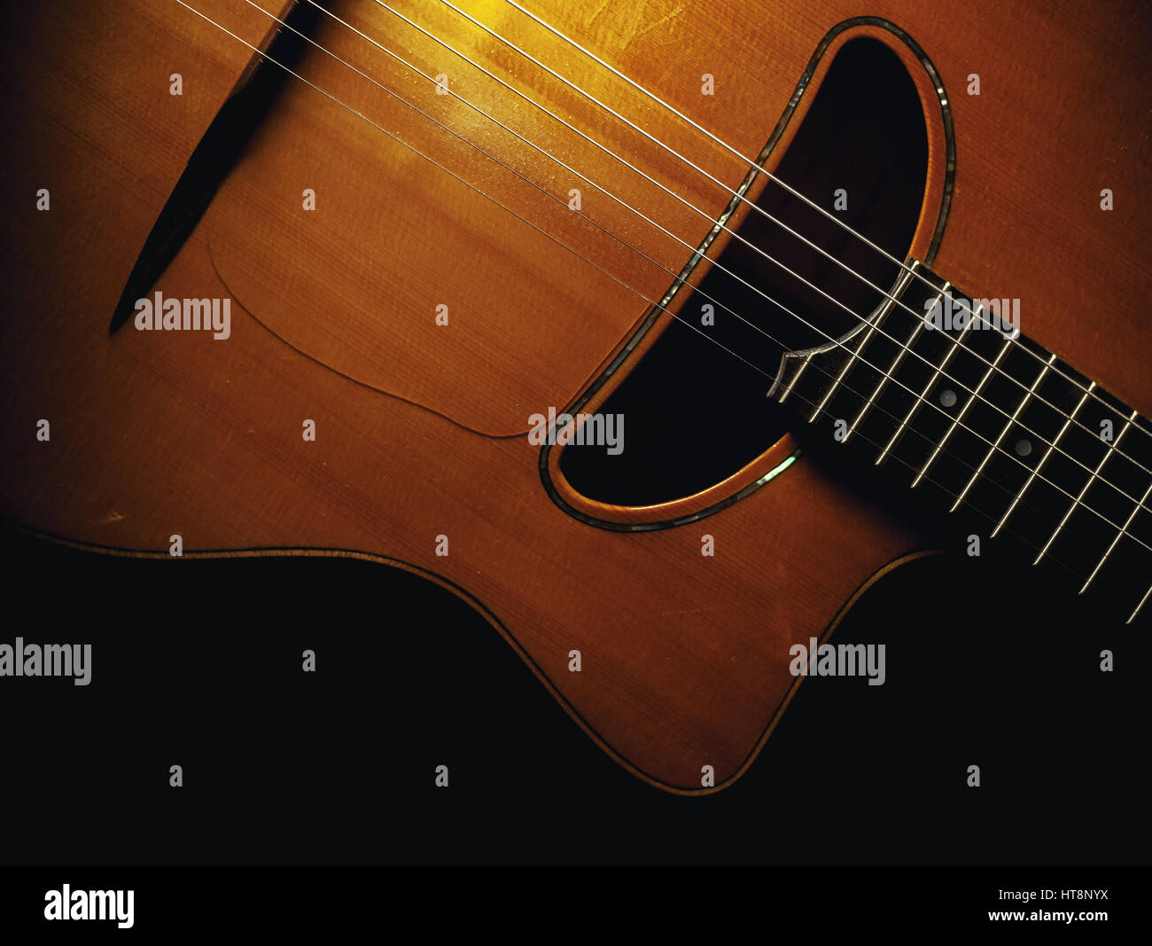 Gypsy acoustic guitar body and neck, closeup view. Stock Photo