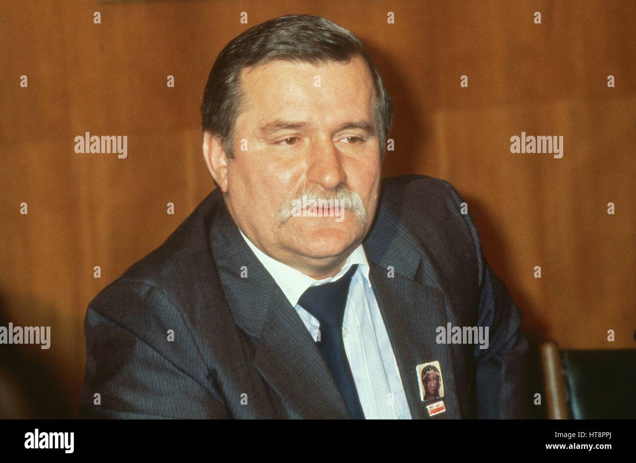 Lech Walesa, President of Poland, attends a press conference at the Trades Union Congress in London, England on November 30, 1989. Stock Photo