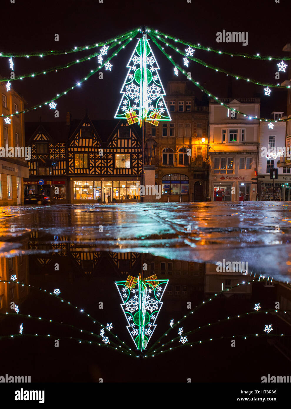 Christmas lights reflected in the Square at Shrewsbury, Shropshire