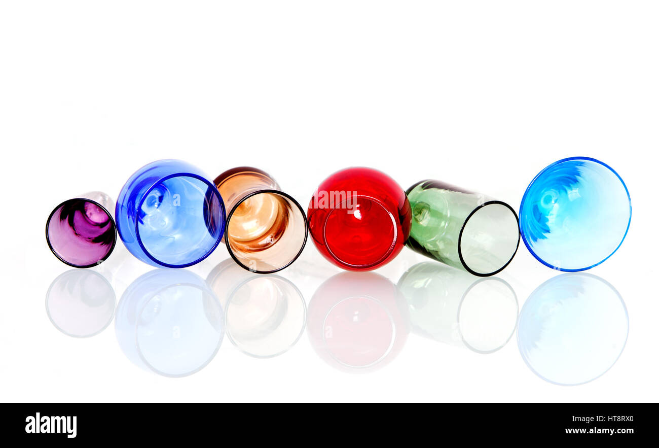 Abstract image of colored circles with crystal glasses and reflection on white background Stock Photo