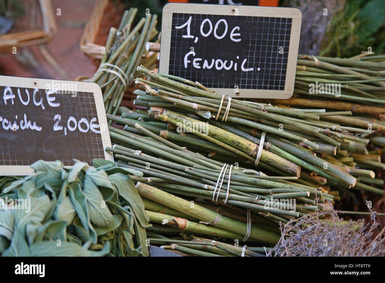 Fresh herbs on sale in Provencal market, France Stock Photo