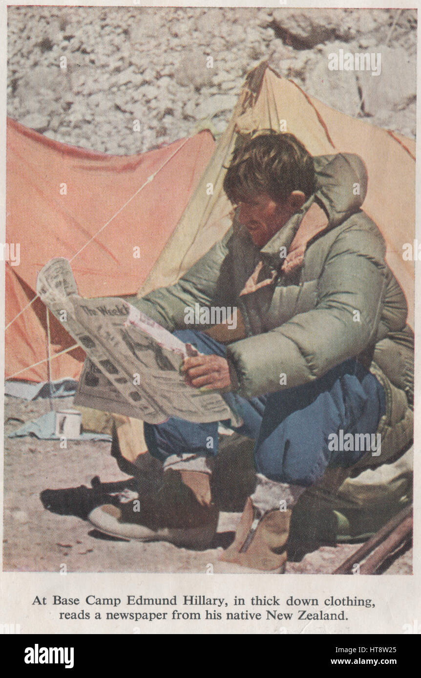 Photo of Sir Edmund Hilary reading a newspaper in base camp during the 1953 Everest Expedition and the succesful summit on 29 May 1953. Scanned photo from The Times Everest supplement published 1953 Stock Photo