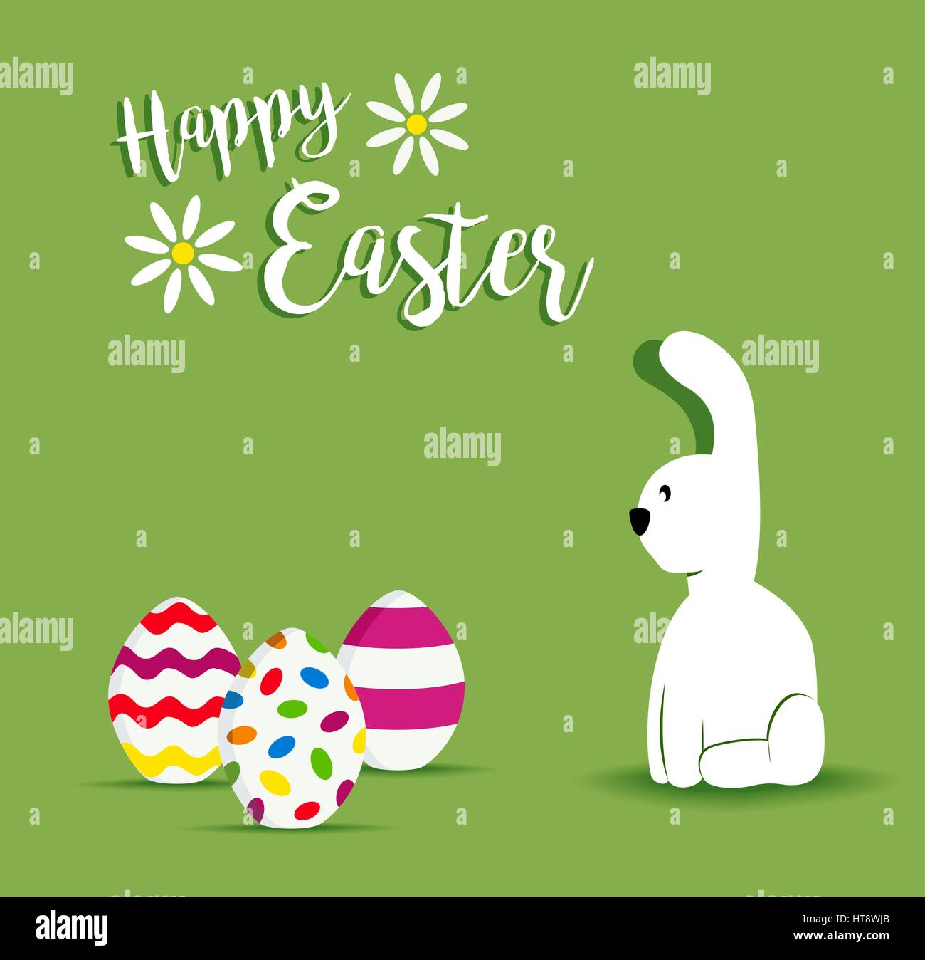 Happy Easter holiday celebration design with colorful eggs and white rabbit on spring time