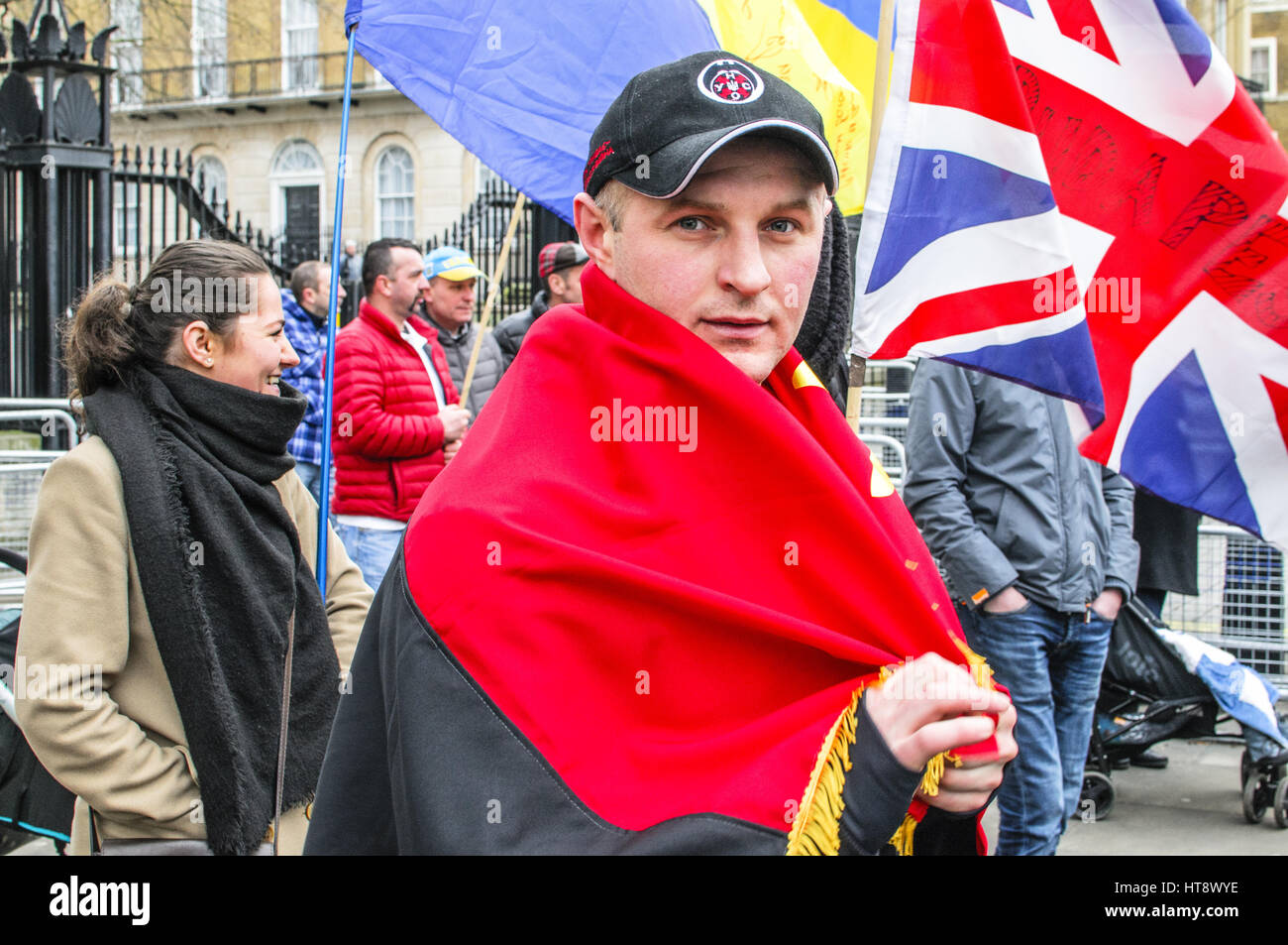 Ukrainians gather outside Downing Street to protest against the renewed hostilities in east Ukraine. They demand more support from the British government and the EU against what they perceive to be the Russian aggressor.  Featuring: Atmosphere Where: Lond Stock Photo