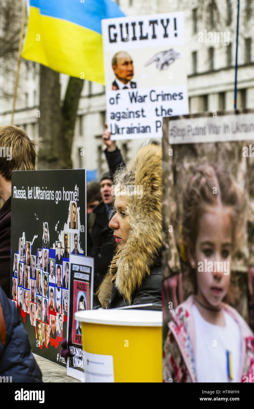 Ukrainians gather outside Downing Street to protest against the renewed hostilities in east Ukraine. They demand more support from the British government and the EU against what they perceive to be the Russian aggressor.  Featuring: Atmosphere Where: Lond Stock Photo