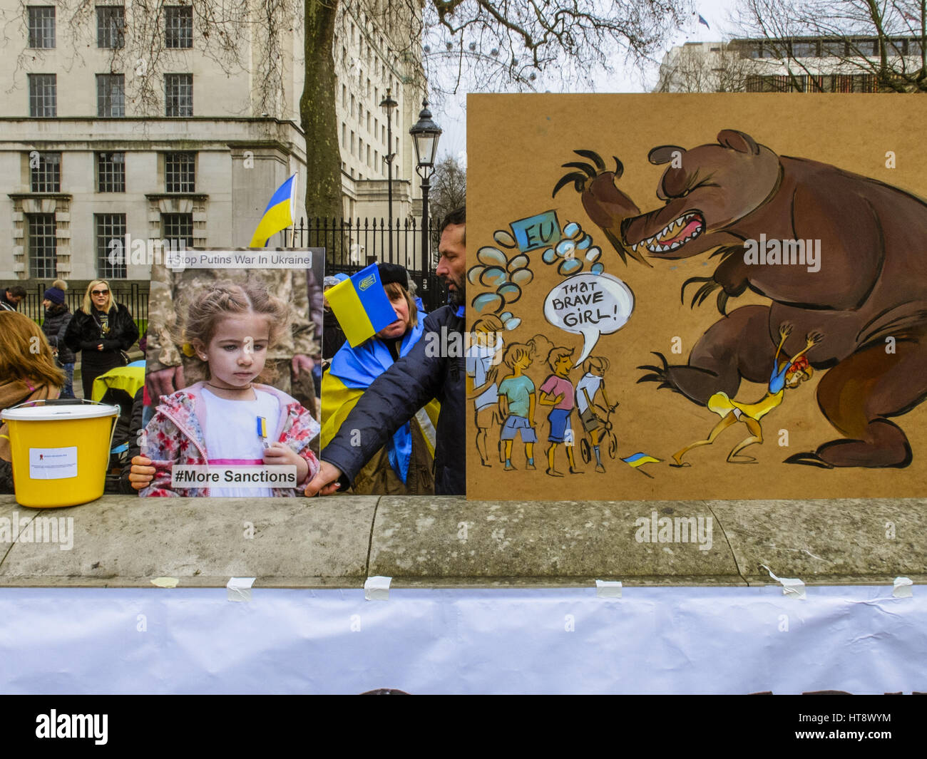 Ukrainians gather outside Downing Street to protest against the renewed hostilities in east Ukraine. They demand more support from the British government and the EU against what they perceive to be the Russian aggressor.  Featuring: Atmosphere Where: Lond Stock Photo