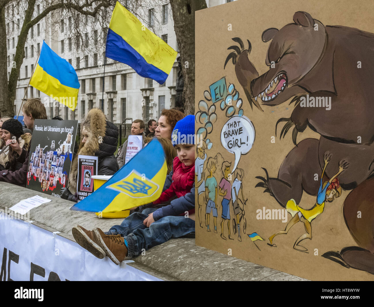 Ukrainians gather outside Downing Street to protest against the renewed hostilities in east Ukraine. They demand more support from the British government and the EU against what they perceive to be the Russian aggressor.  Featuring: Atmosphere Where: Lond Stock Photo