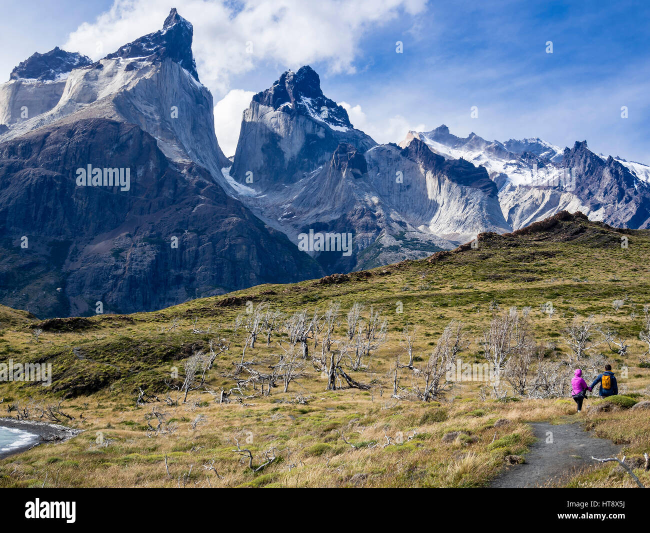 Hikers on small path to viewpoint Mirador Cuernos at lake Nordenskjöld,   burned trees,  Torres del Paine national park, Chile Stock Photo