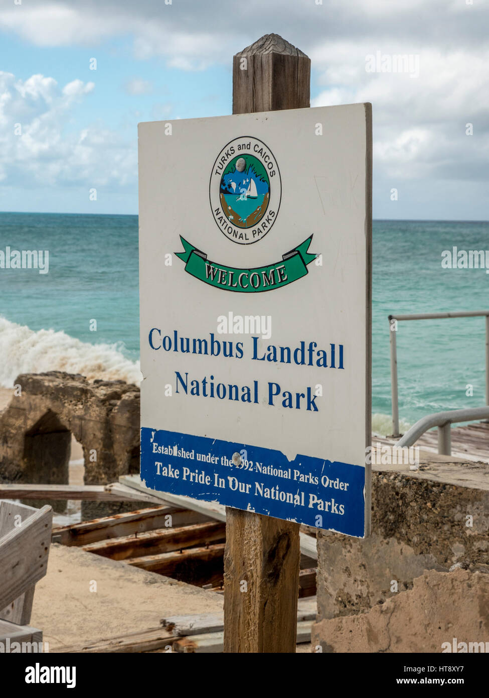 Sign For Columbus Landfall National Park Cockburn Town Grand Turk Turks And Caicos Island Stock Photo