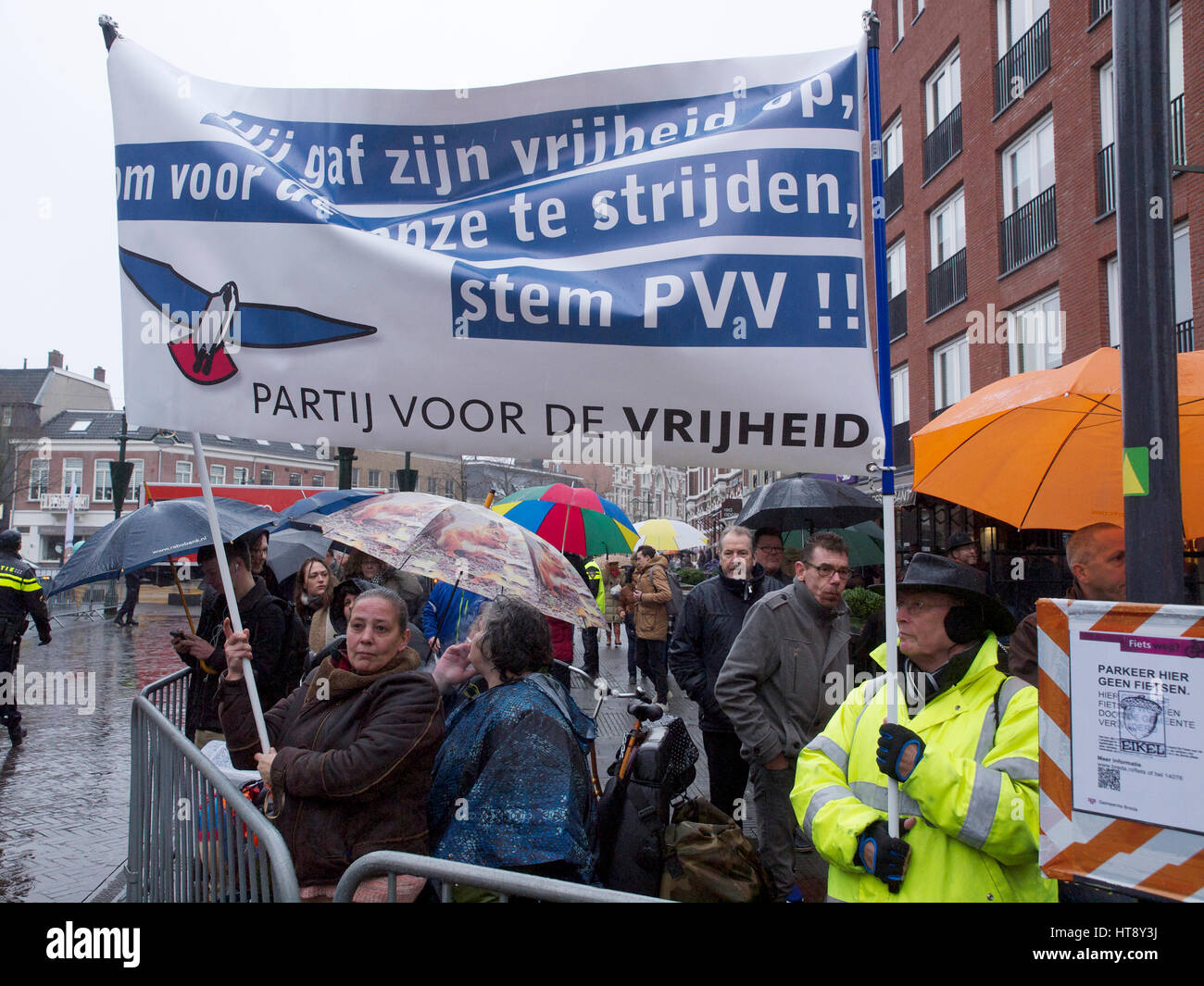 PVV populist political party sign, held up by PVV supporters in Breda, the Netherlands Stock Photo