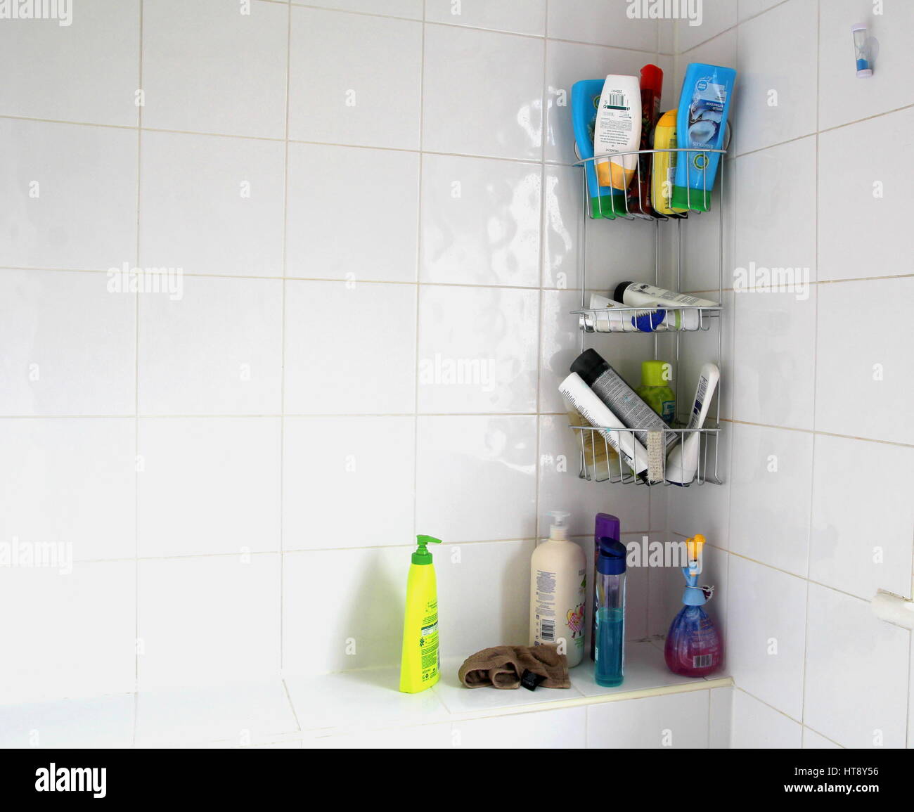 Camberley, UK - March 8th 2017: Various shampoo and shower gel products in a domestic bathroom Stock Photo
