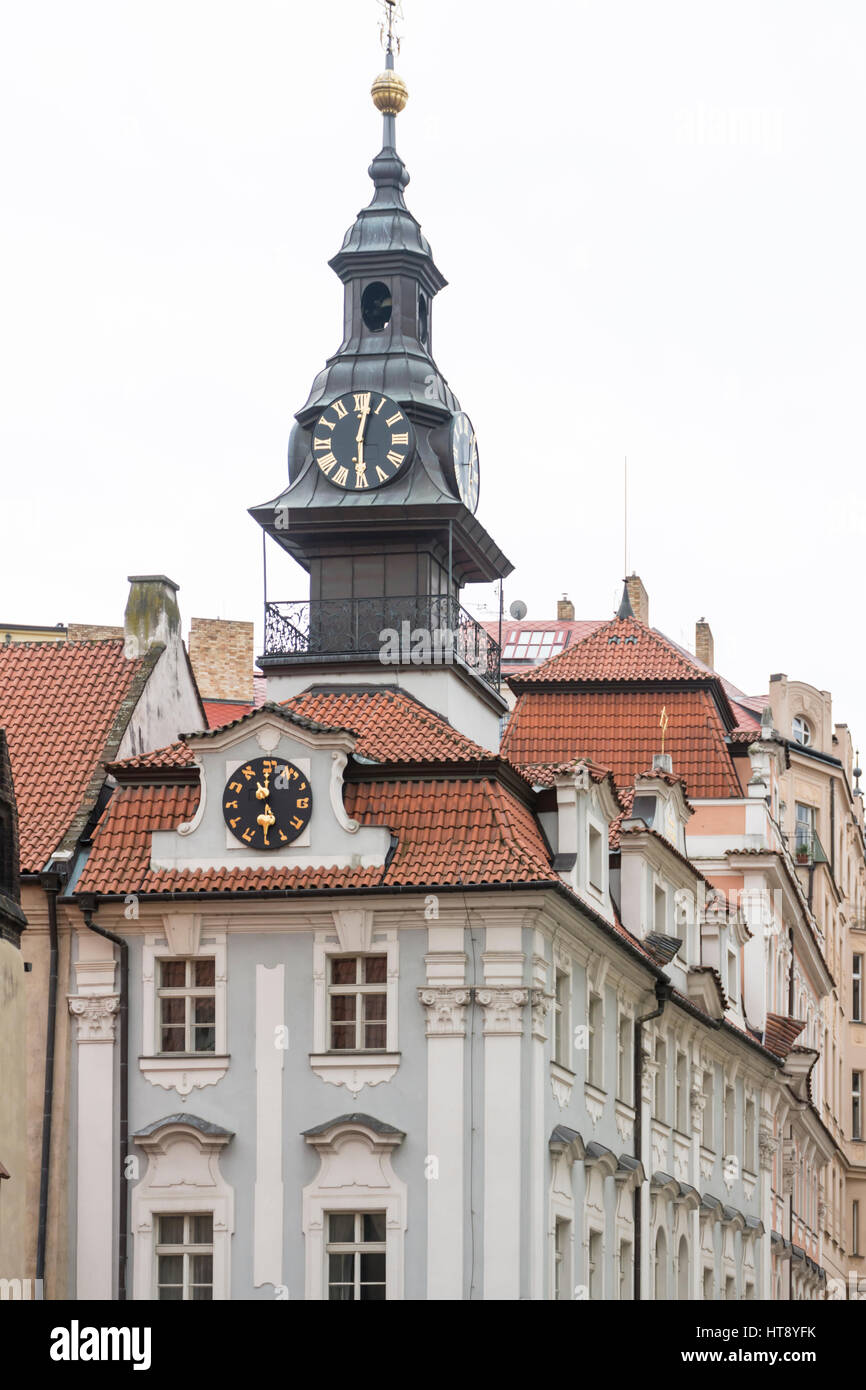 The double clock in the Jewish Quarter in Prague in the Czech Republic. The lower clock with Hebrew symbols Stock Photo