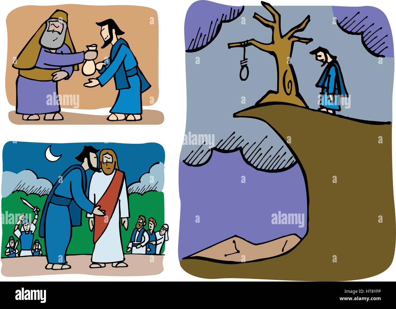 Judas betrays Jesus and later he regrets about it. Stock Vector