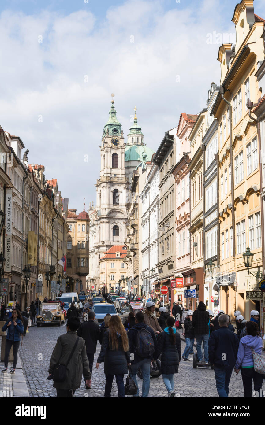 Mostecka street with St Nicholas church in the background, Mala Strana, Prague, Czech Republic Stock Photo