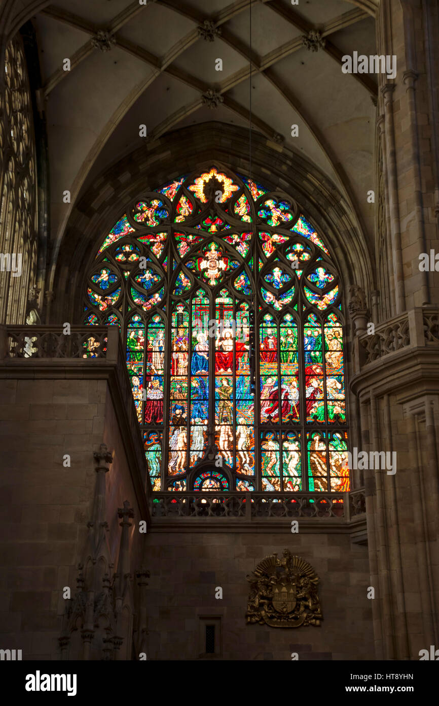 Stained glass window, Interior of the St Vitus Cathedral, Hradčany, Castle district,  Prague, Czech Republic Stock Photo