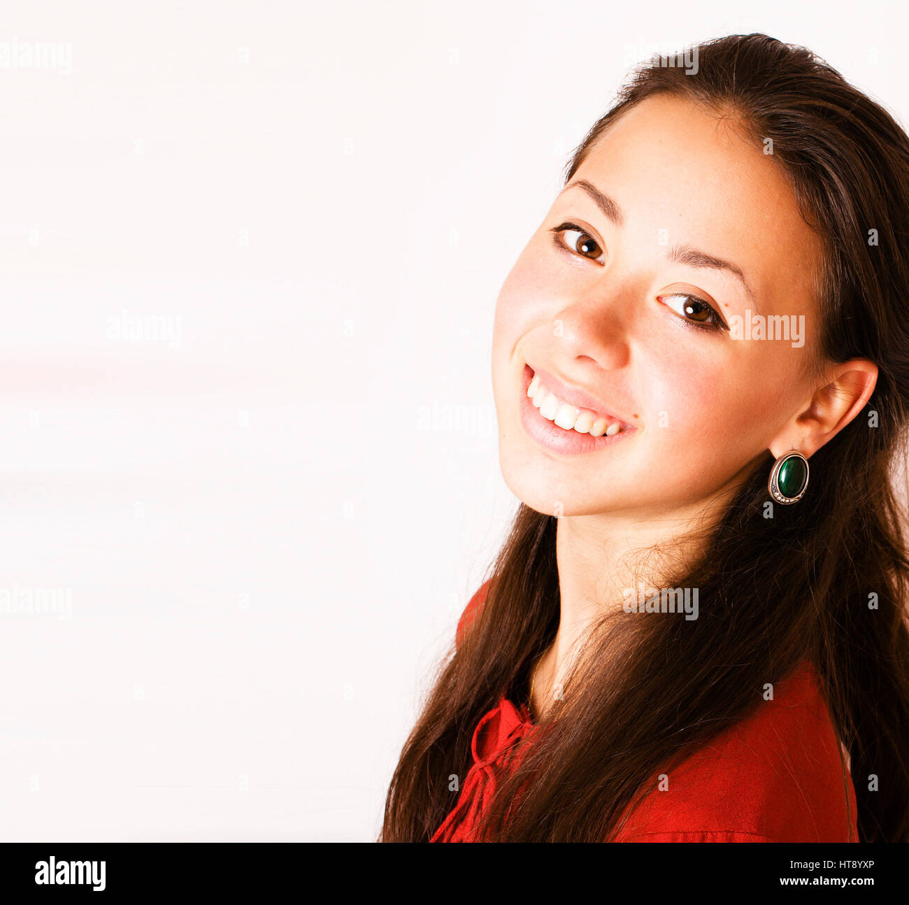 young pretty brunette woman smiling happy on white background ...
