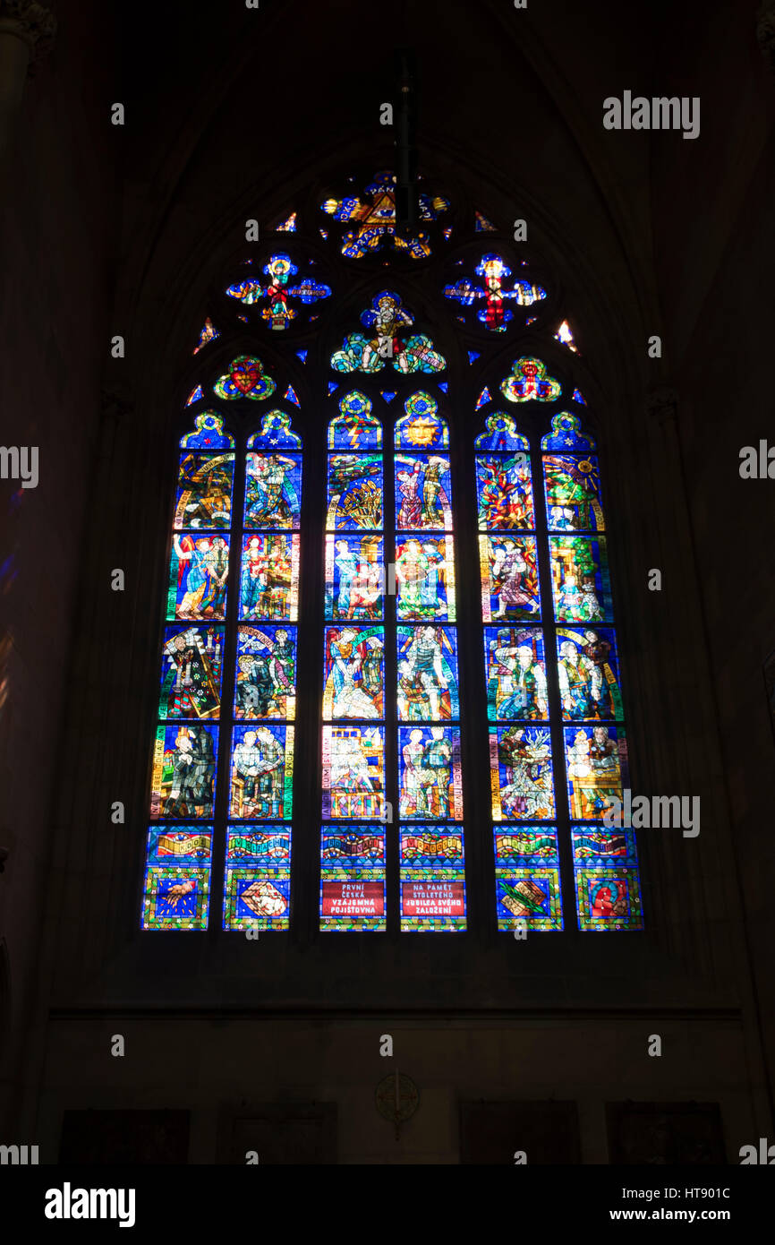 Stained glass window, Interior of the St Vitus Cathedral, Hradčany, Castle district,  Prague, Czech Republic Stock Photo